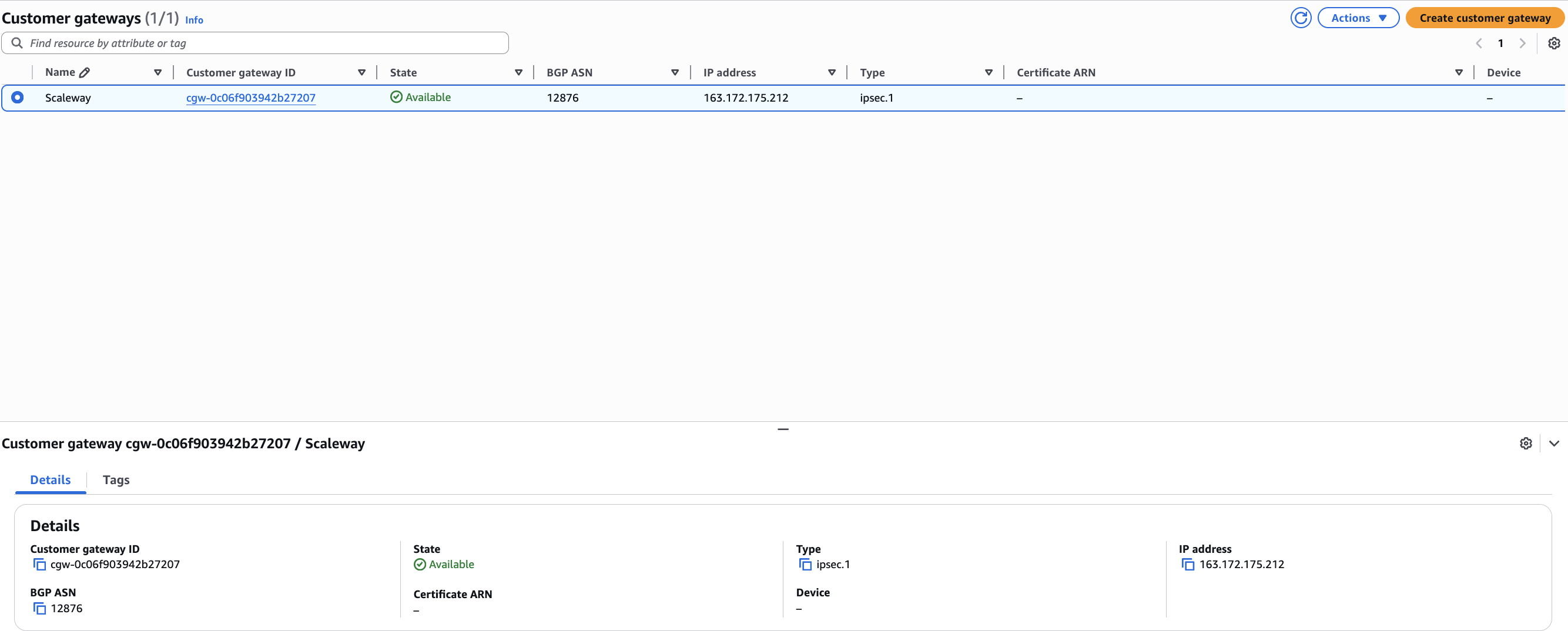 Creation of AWS Customer Gateway referencing the Scaleway VPN Gateway