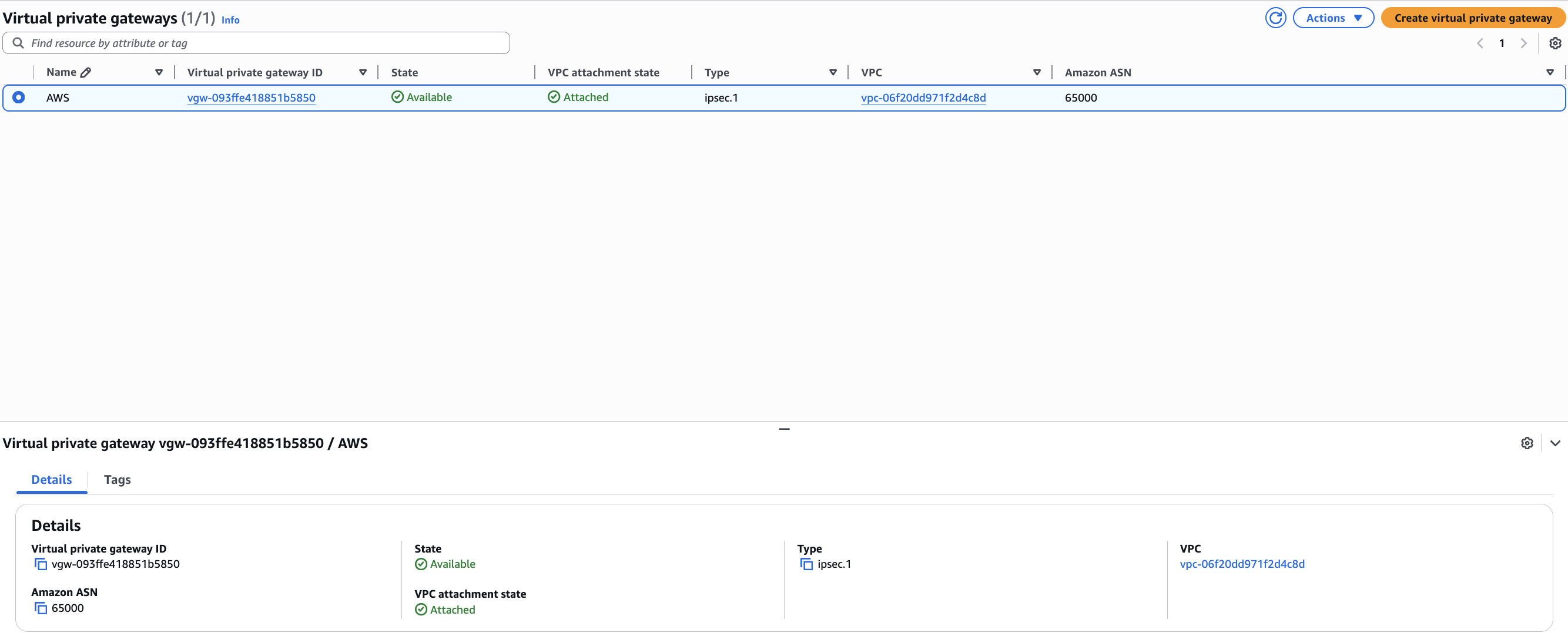 Creation of AWS Virtual Private Gateway