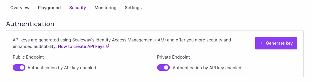 A screenshot of the Scaleway console shows the toggles for API key authentication first for public endpoints, then for private endpoints