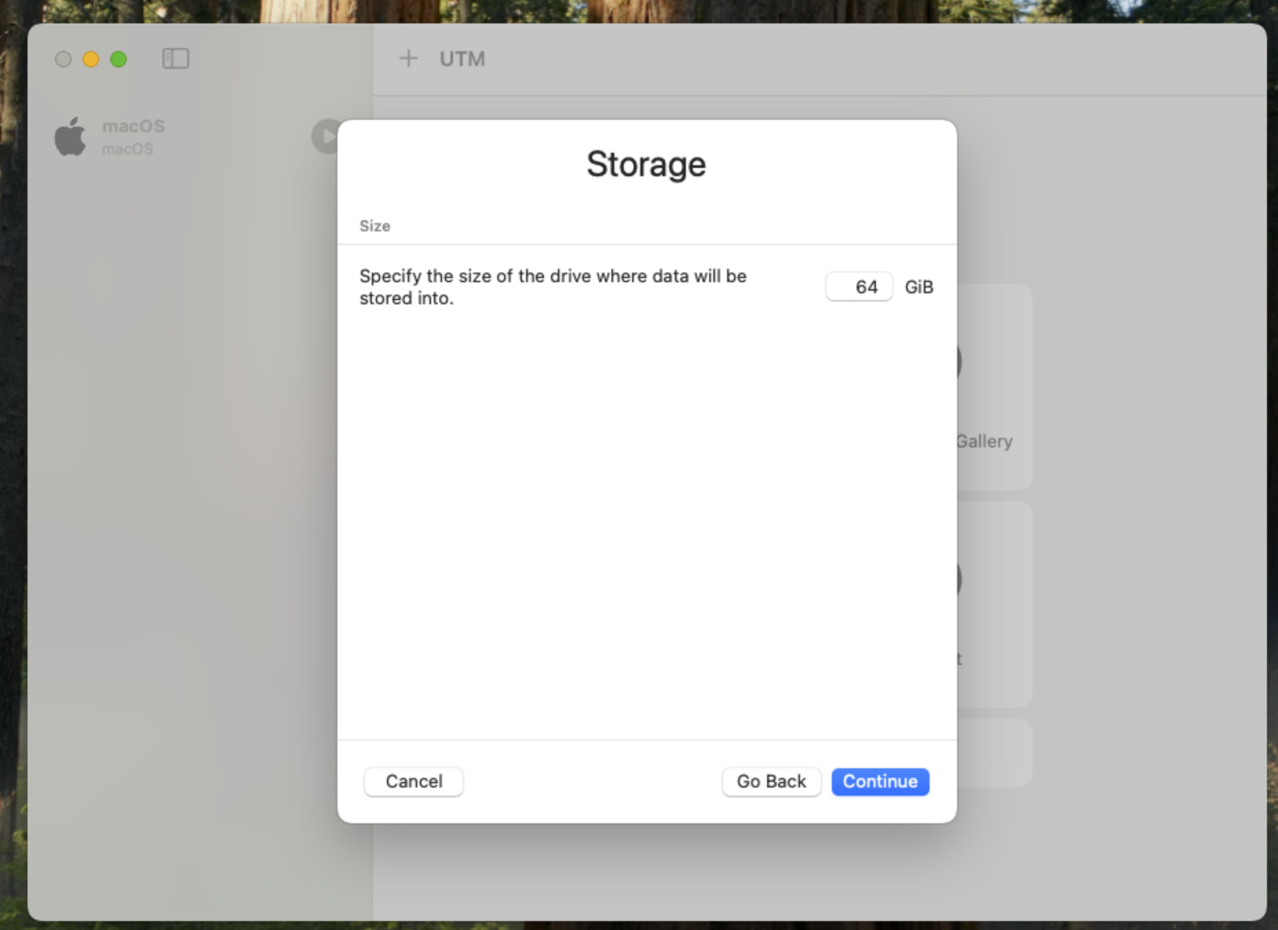 The disk size configuration window of UTM with 64 GB of storage chosen