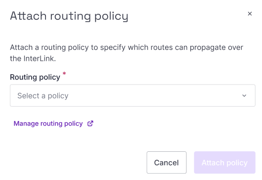 A pop-up in the Scaleway console prompts a user to select a routing policy from a drown down list.