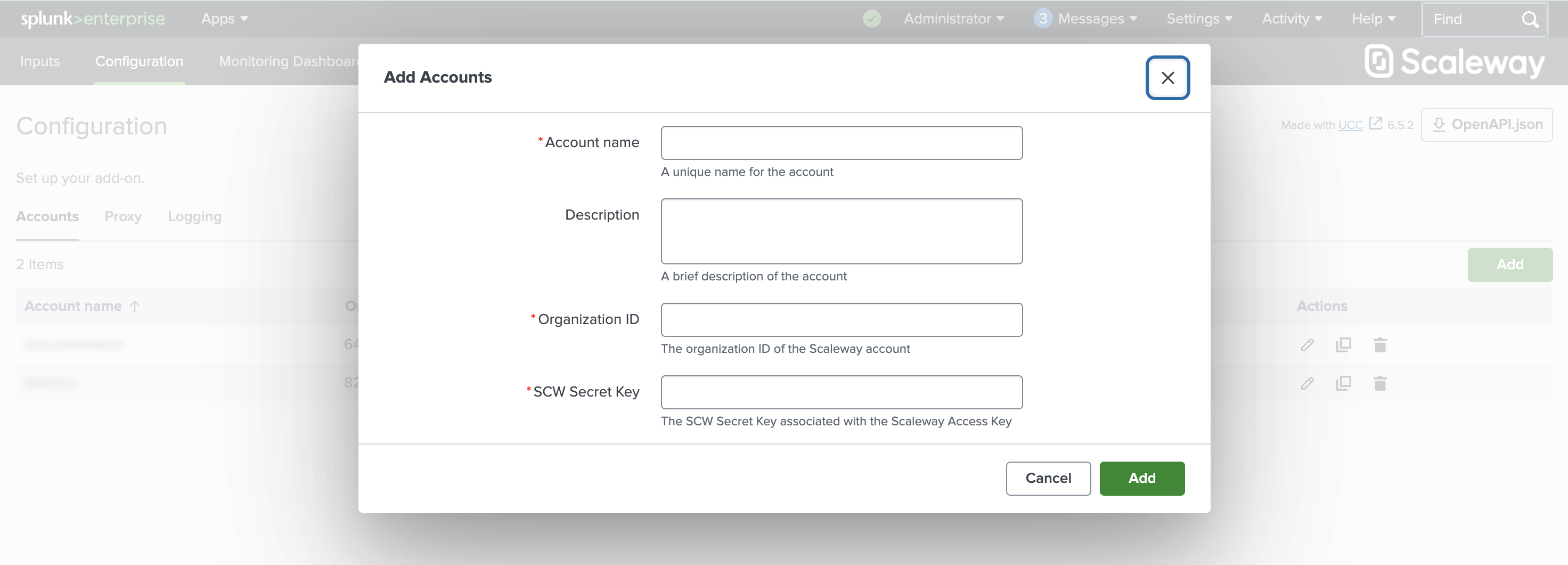 A screenshot showing the Add Accounts window in Splunk