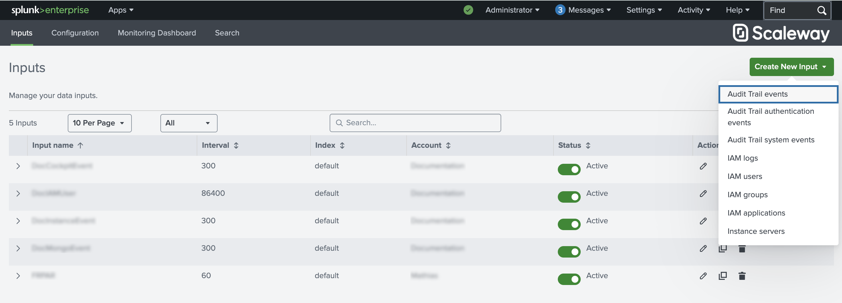 A screenshot showing the Create New Input button and dropdown in Splunk