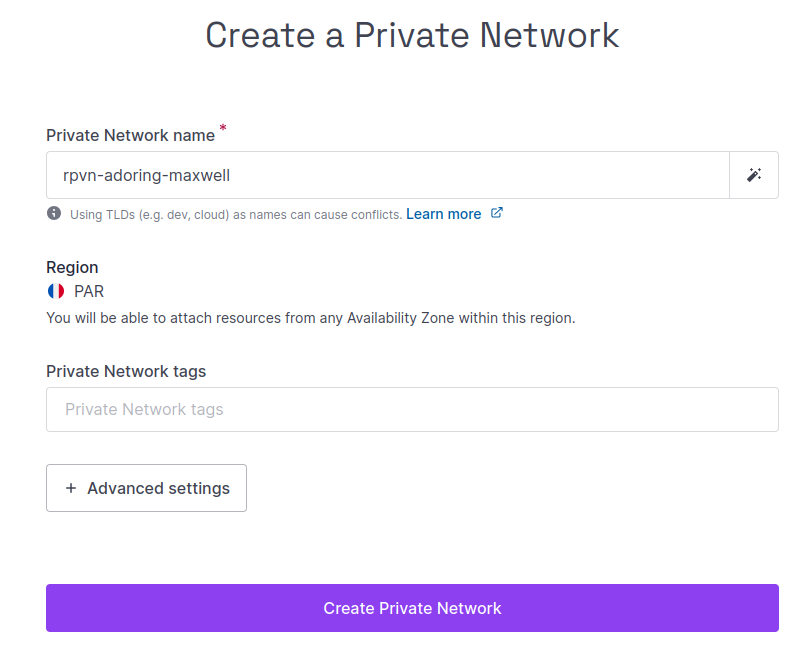A screen of the Scaleway console, showing the steps to create a Private Network: Enter a name, check the region, enter tags and (optionally) expand the Advanced Settings section