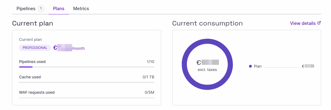 In the Edge Services section of the Scaleway console, information displays about your current plan, last monthly invoice, and charges accumulated this month for Edge Services