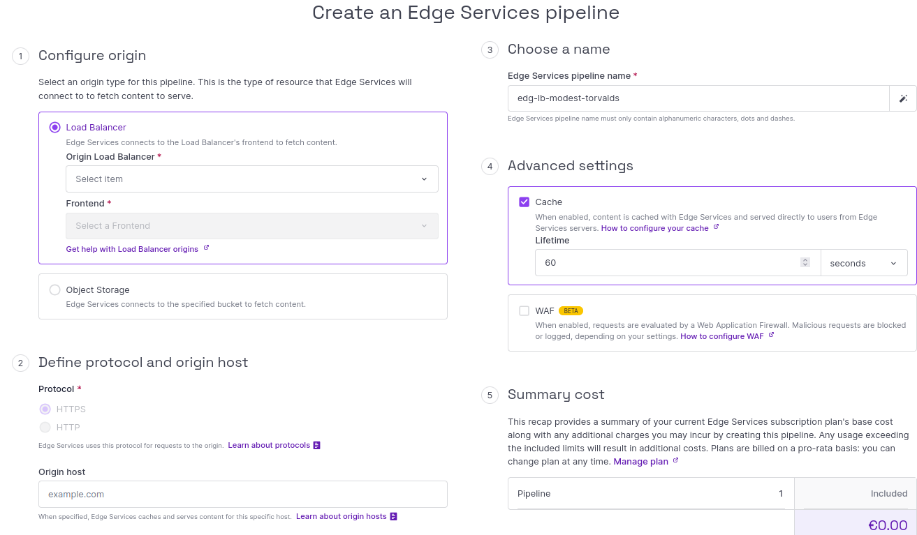 A screenshot of the Scaleway console shows the Edge Services pipeline creation wizard. It prompts you to select an origin type (Load Balancer or Object Storage), and configure the other options described below on this page.