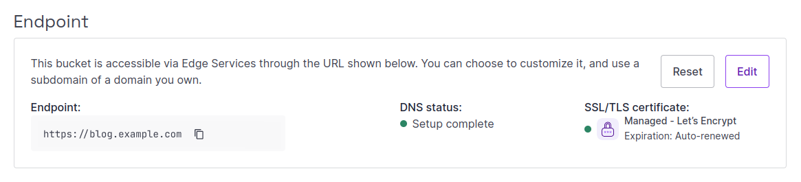 A screenshot of the Scaleway console, showing that an SSL/TLS certificate has been successfully created and has a positive status.
