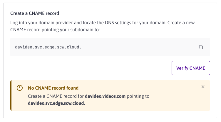 A screenshot of the Edge Services dashboard in the Scaleway console. An error shows: No CNAME record found. Create a CNAME record for davideo.videos.com pointing to davideo.svc.edge.scw.cloud
