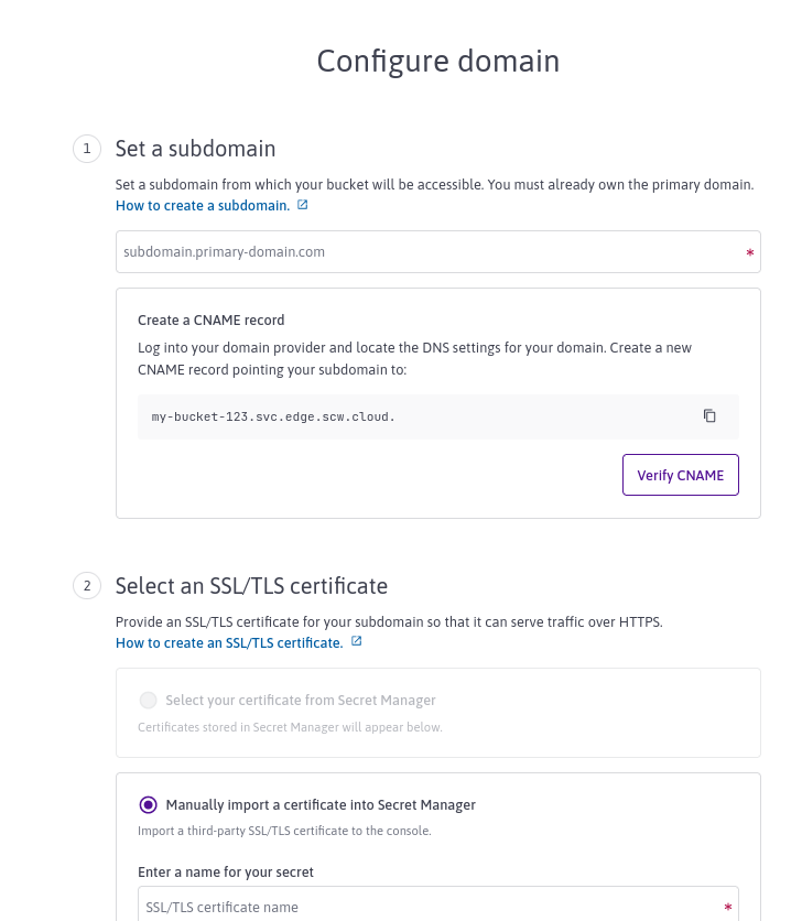 A screenshot of the Configure Domain screen in the Edge Services part of the Scaleway console. Step one is to set a subdomain, step two is to provide an SSL/TLS certificate