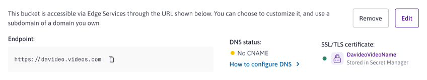 A screenshot of the Edge Services dashboard in the Scaleway console. The DNS status light is yellow, with the text: No CNAME