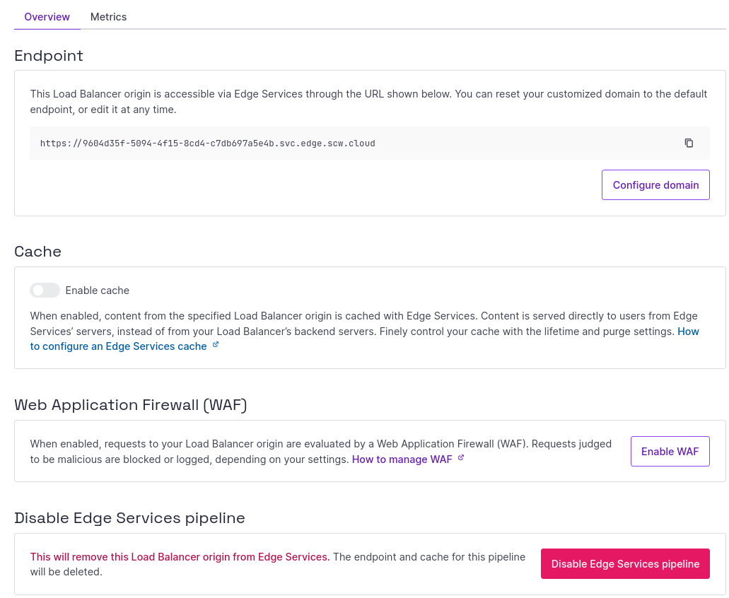 A screenshot of the Edge Services dashboard in the Scaleway console. This is a dashboard for Edge Services on an Object Storage bucket, showing links to the documentation, Scaleway Cockpit, the endpoint, cache and WAF settings and a button to disable the pipeline.