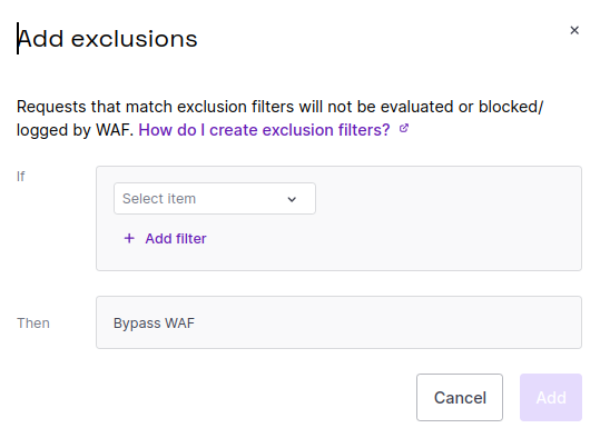 A screenshot of the Add exclusions popup in the Scaleway console, with an 'if' box to set a path regex value, and a 'then' box pre-filled to 'Bypass WAF'