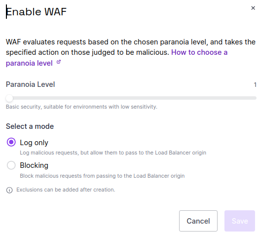 A screenshot of the WAF configuration pop-up in the Scaleway console. Users can select a paranoia level from 1-4, and choose to block or log malicious requests.