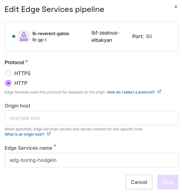 A screenshot of the Scaleway console displays, showing a screen for editing an Edge Services Load Balancer pipeline. Modifiable elements are protocol, origin host and name