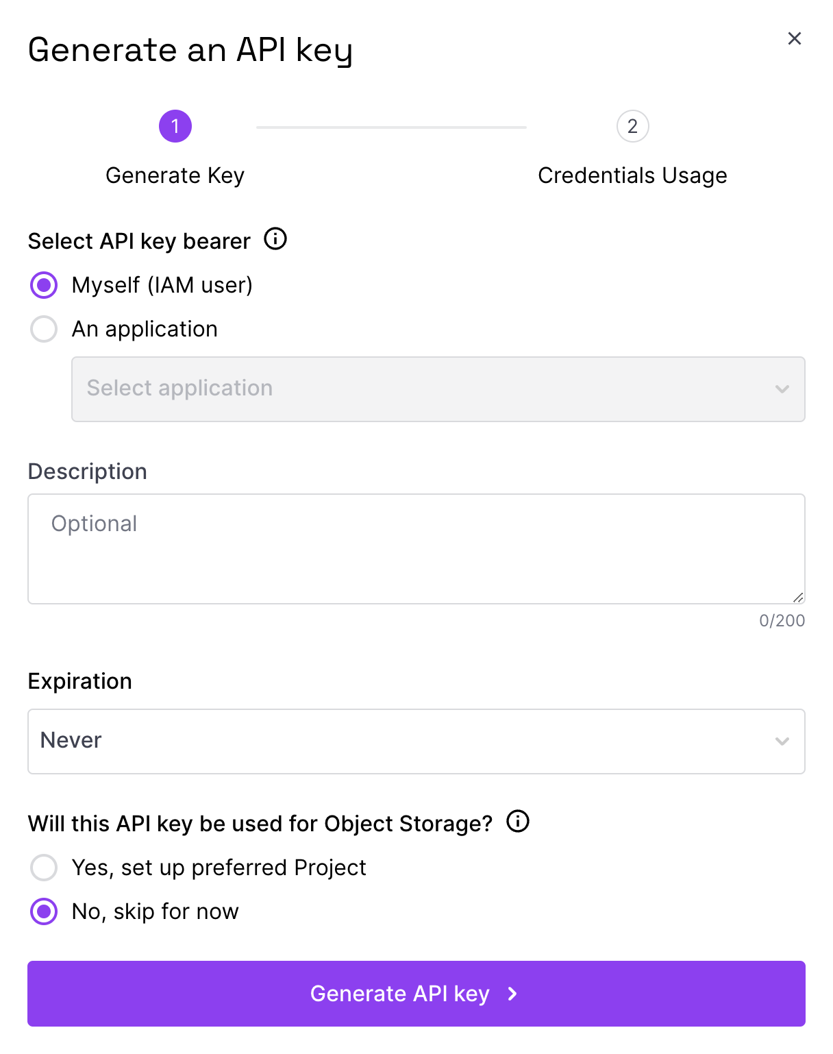 The image shows a pop-up in the Scaleway console where you can set up the API key bearer, the description, expiration date and whether the key will be used for Object Storage