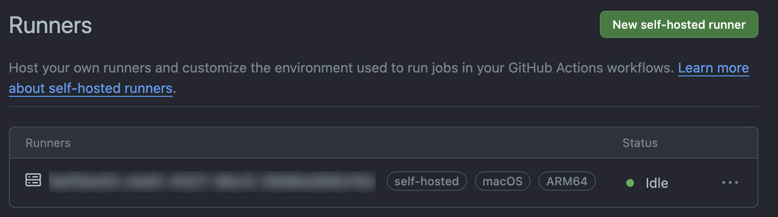 An example of a GitHub runner shown as Idle in the GitHub web interface