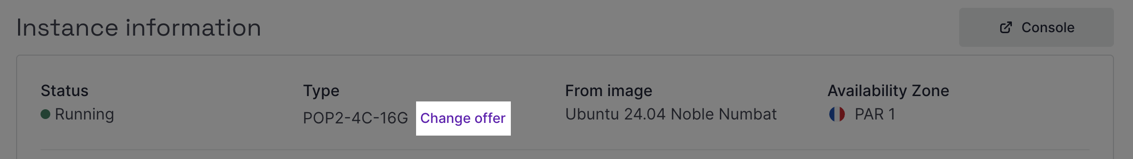 Instance information of the Scaleway console highlighting the change offer link