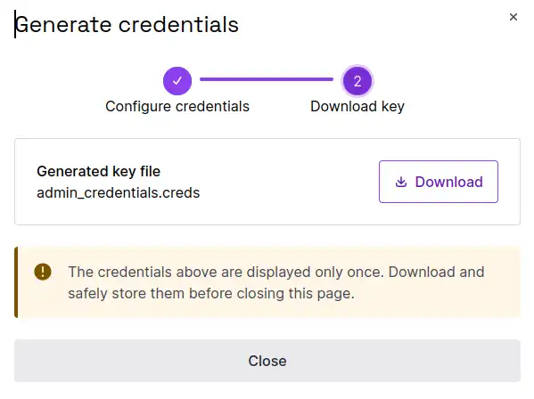 In the Scaleway console, a screen shows that a .creds key file has been generated, which the user is prompted to download.