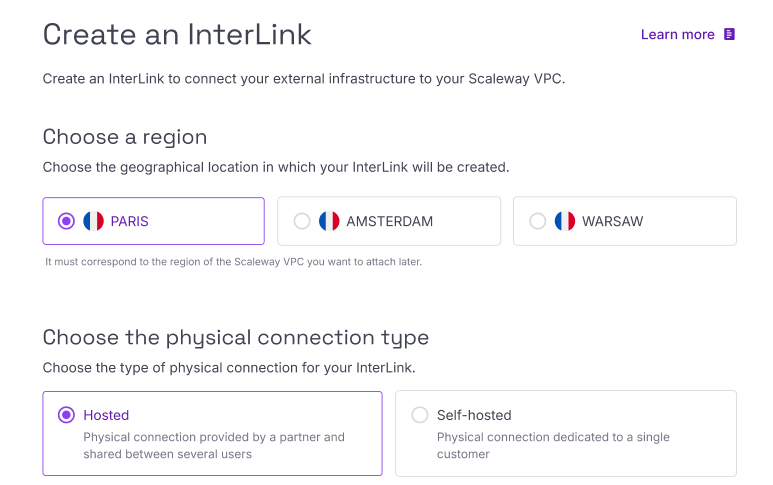 A screen of the Scaleway console shows the first section of the InterLink order form. The different sections are explained in the steps below.