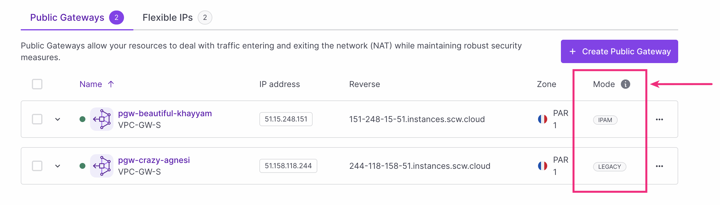A screen in the Scaleway console shows a listing of two Public Gateways, one of which has a badge saying IPAM, the other a badge saying Legacy.