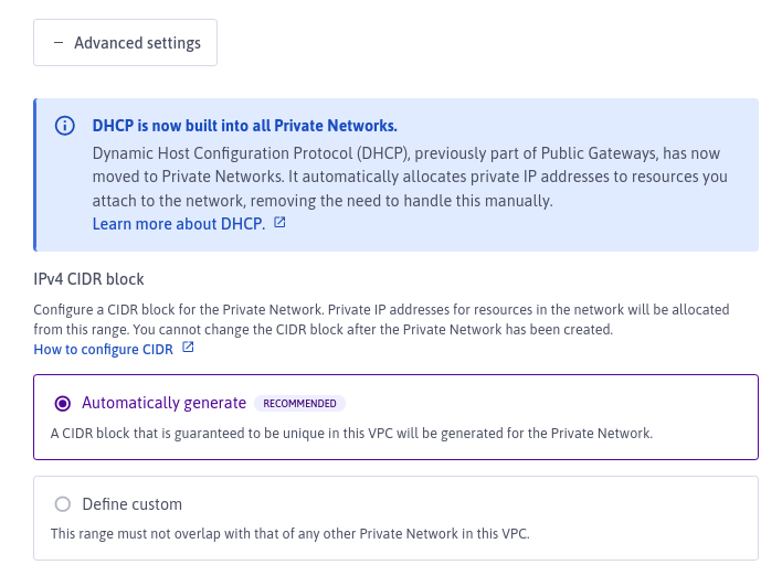 The Advanced Settings section of the Create a Private Network screen in the Scaleway console. It shows the options to automatically generate a CIDR block for the subnet, or define your own.