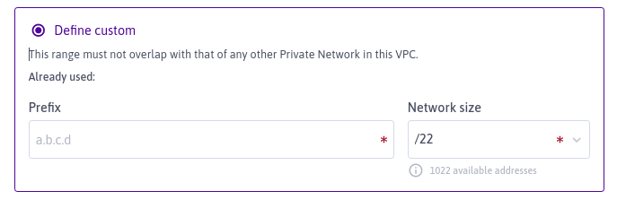 The Advanced Settings section of the Create a Private Network screen in the Scaleway console. The user is prompted to enter a prefix and a network size.