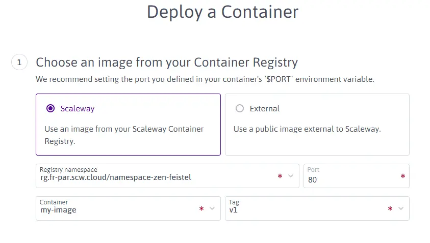 Scaleway Console Deploy Container