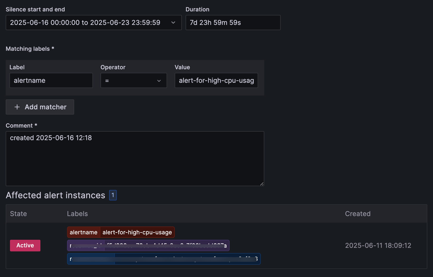 Silence configuration for the high CPU usage Grafana alert. The time range of the silence is of a week starting from June 16th
