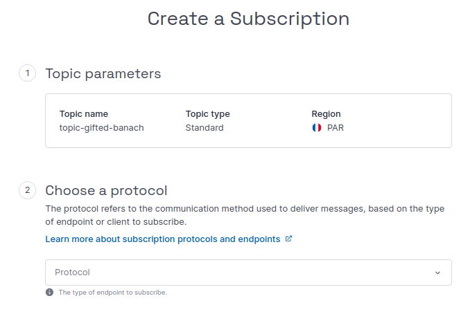 In the Scaleway console, the Create a Subscription screen displays. The different sections of the screen are described in the steps below