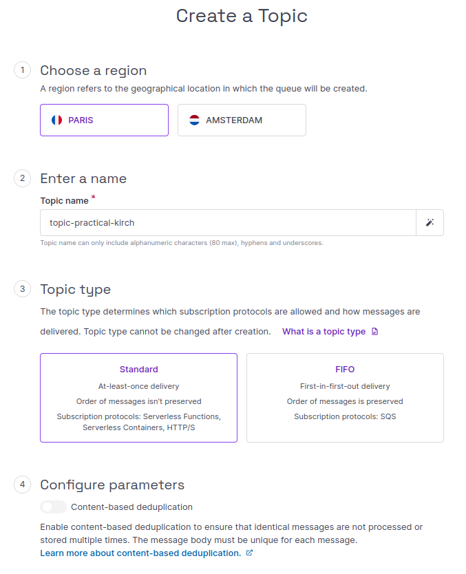 In the Scaleway console, the Create a Topic screen displays. The different sections of the screen are described in the steps below.