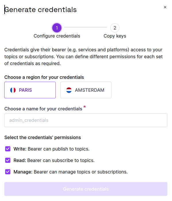 In the Scaleway console, the Generate credentials screen displays. It prompts the user to choose a region for their credentials, a name, and permissions (write, read and/or manage)