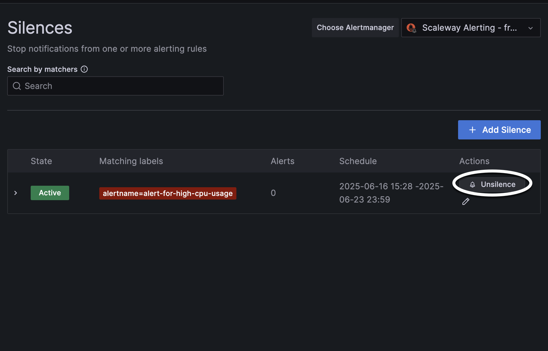 Grafana Silences page with an active silence and the Unsilence button highlighted.