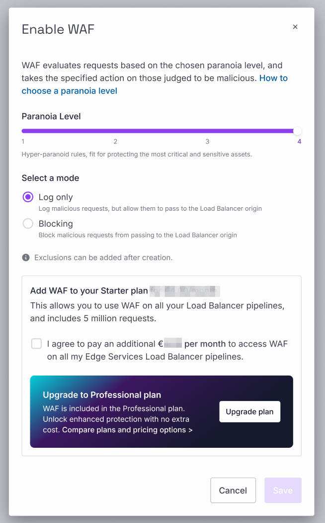 A screenshot of the Scaleway console shows that the user is prompted to tick a box to accept the WAF add-on when enabling WAF on pipeline, under Starter plan.