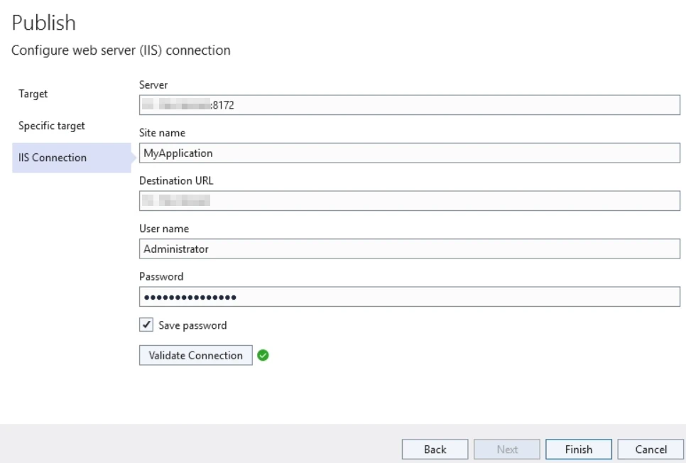 A screenshot of the Web Deploy profile configuration in Visual Studio