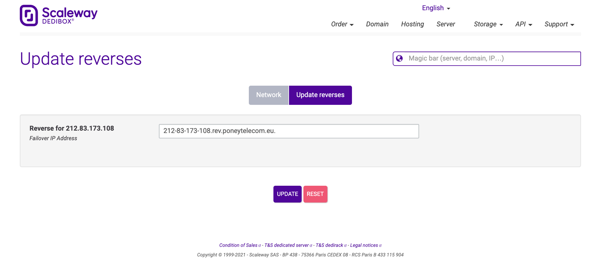 Scaleway reverse DNS update interface