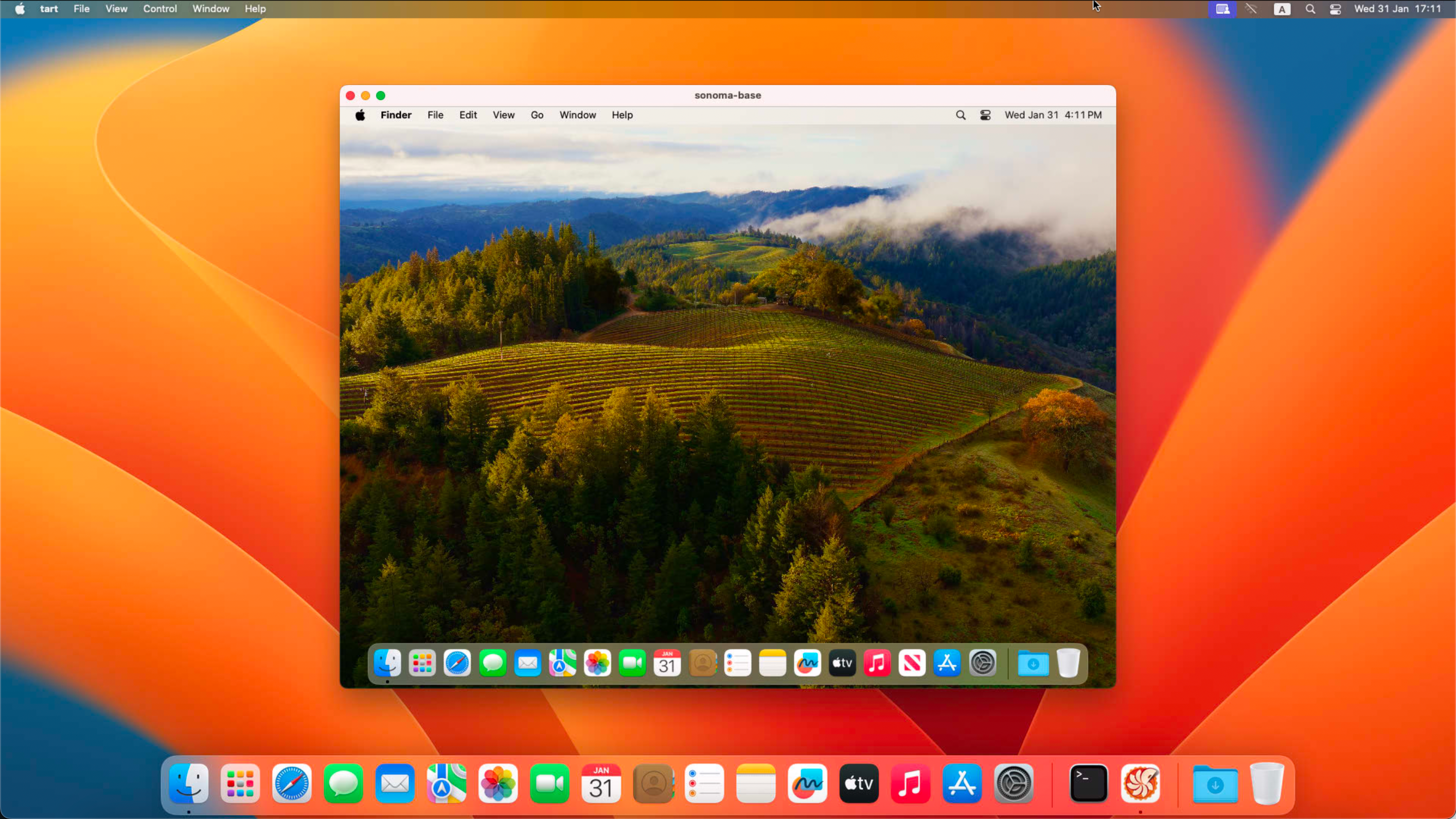 macOS Sonoma in a virtual machine, displayed on the main desktop of a Mac mini
