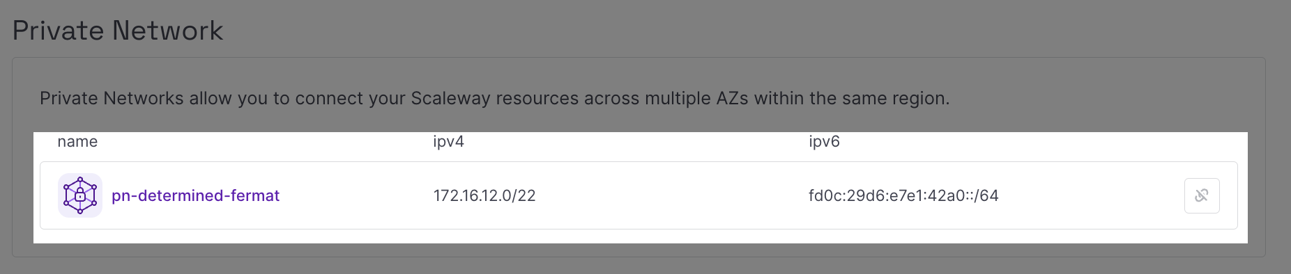 A screenshot of the Scaleway console, highlighting the Private Network configuration of the dedicated Generative APIs deployment
