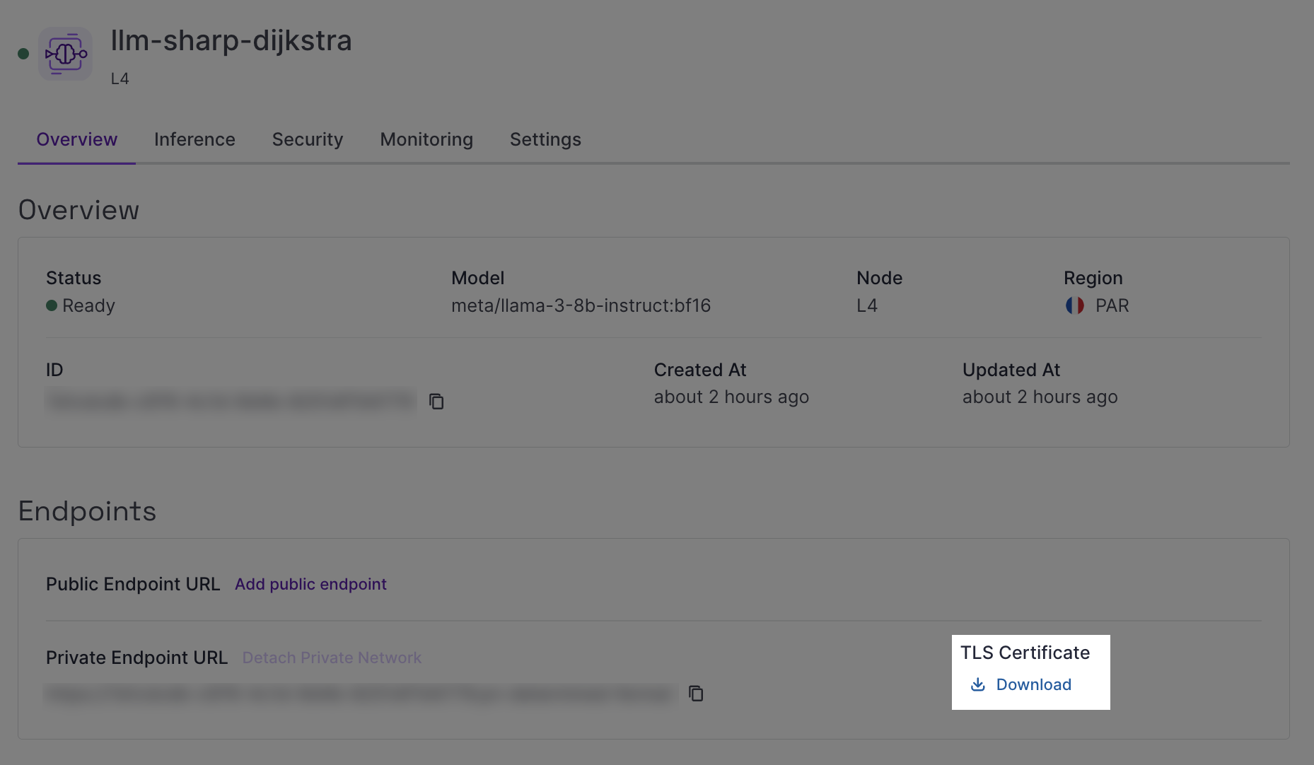 A screenshot of the Generative APIs - Dedicated Deployment product overview tab in the Scaleway console, highlighting the TLS certificate download section