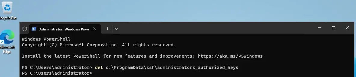 Screenshot showing the Powershell command line and the command that is used to delete Administrator SSH keys.
