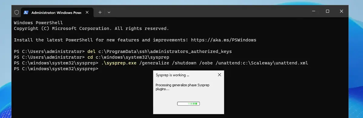 Screenshot showing the Powershell command line with a popup that says Sysrep is working.