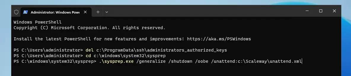 Screenshot showing the Powershell command line and the commands required to prepare the Instance for use as a golden image.