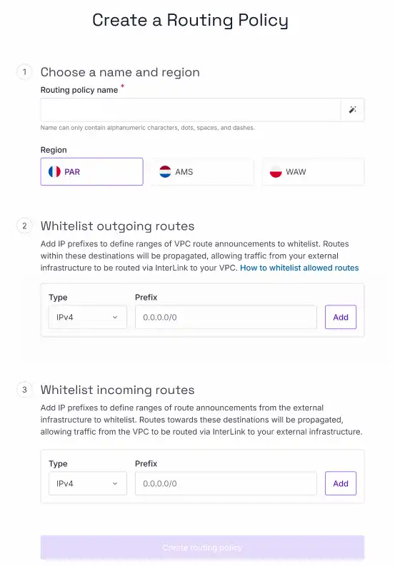 In the Scaleway console, the create a routing policy wizard is displayed. There are 3 steps: 1. Choose a name and region, 2. Whitelist outgoing routes and 3. Whitelist incoming routes