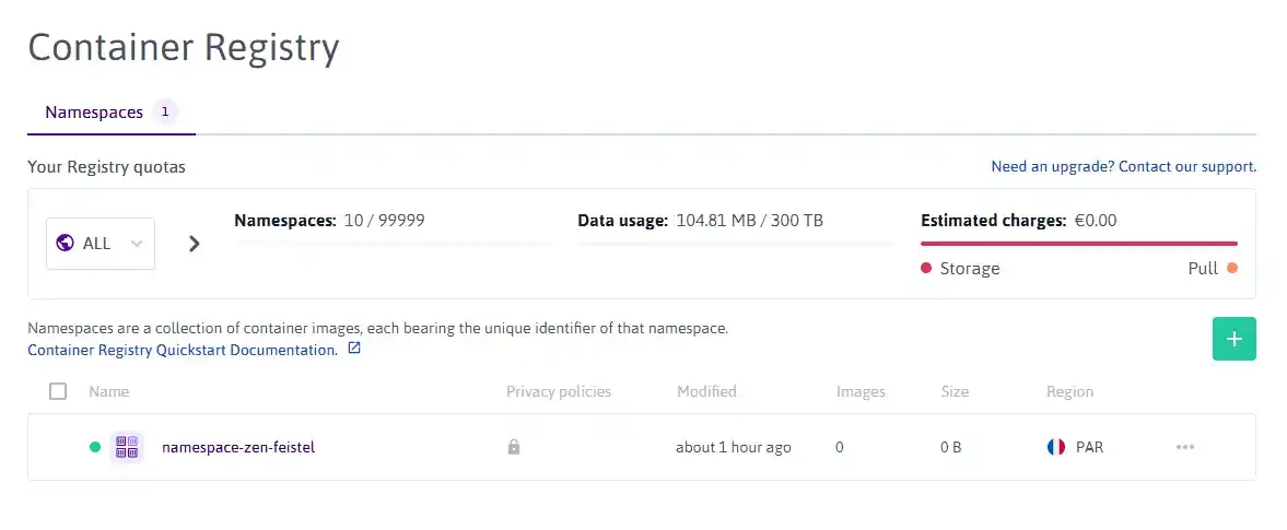 Scaleway Console Container Registry Namespace