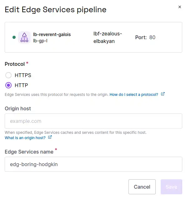 A screenshot of the Scaleway console displays, showing a screen for editing an Edge Services Load Balancer pipeline. Modifiable elements are protocol, origin host and name