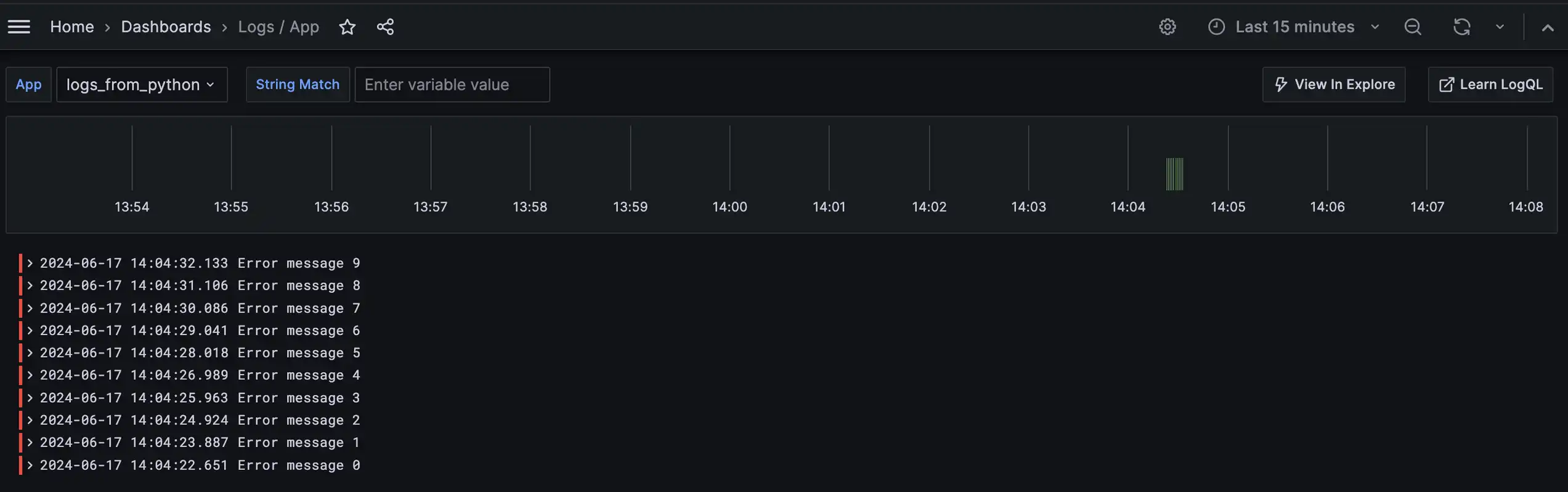 Error logs display