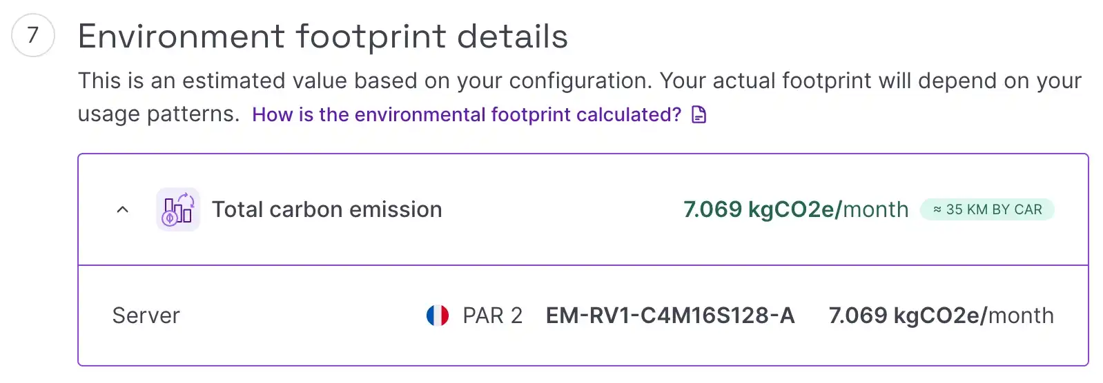 screenshot of the Scaleway console showing an order summary of an Elastic Metal server, including a dropdown where the environmental footprint estimation is indicated in kgCO₂e/month