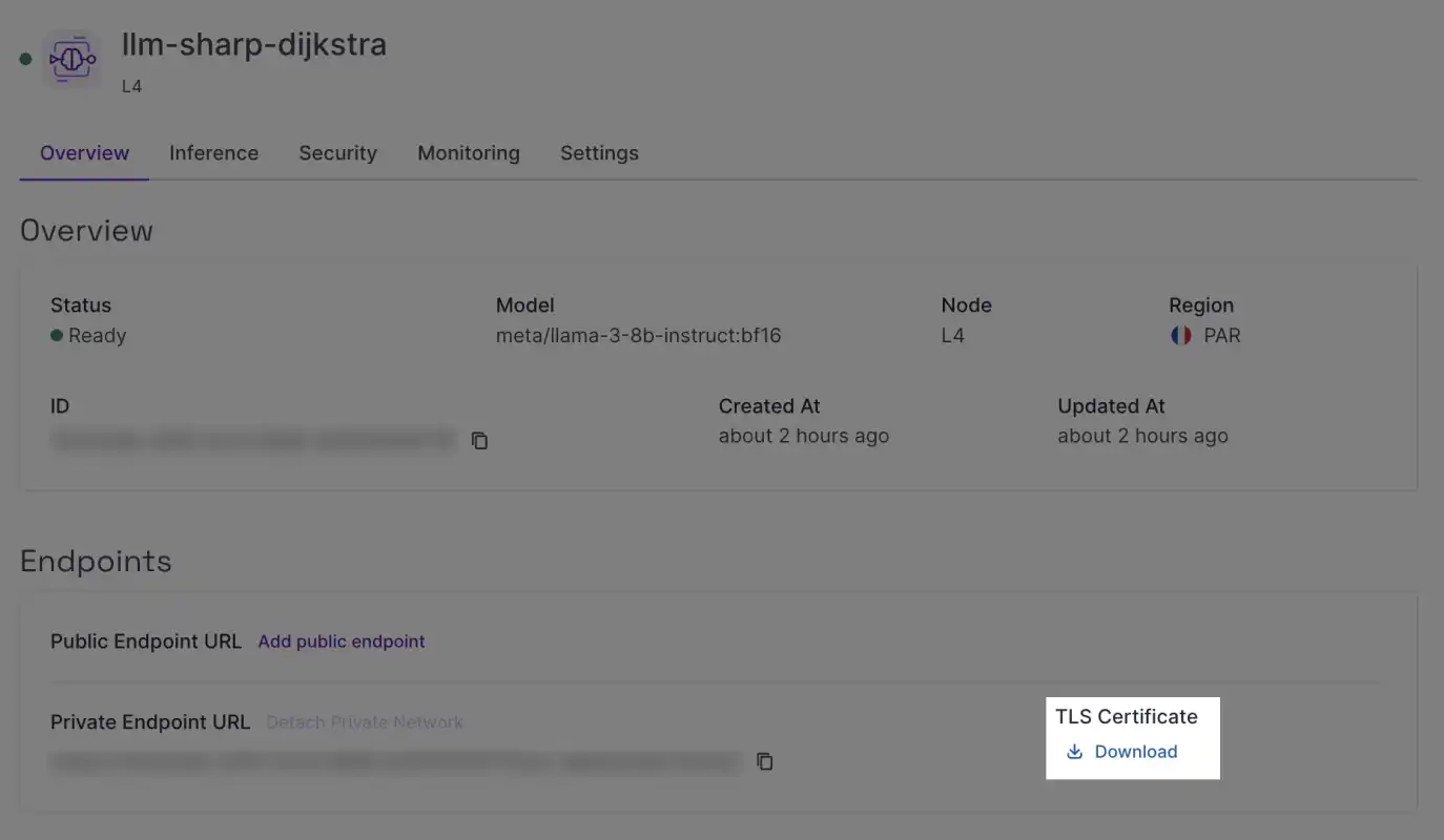 A screenshot of the Managed Interface product overview tab in the Scaleway console, highlighting the TLS certificate download section
