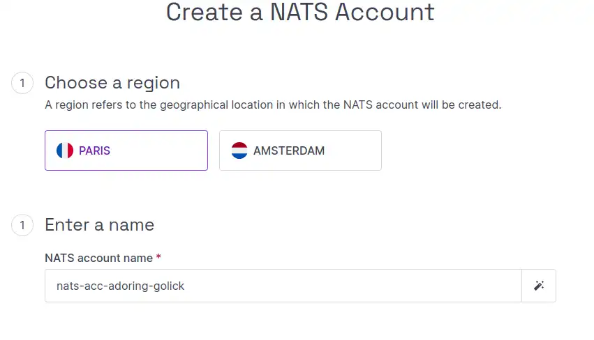 In the Scaleway console, the Create a NATS Account screen displays. The different parts of the page are detailed in the steps below.