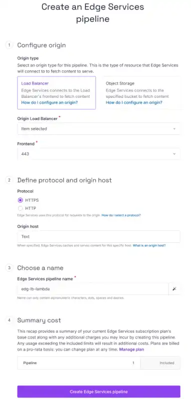 A screenshot of the Scaleway console shows the Edge Services pipeline creation wizard. It prompts you to select an origin type (Load Balancer or Object Storage), and configure the other options described below on this page.