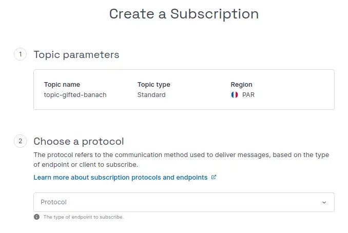 In the Scaleway console, the Create a Subscription screen displays. The different sections of the screen are described in the steps below